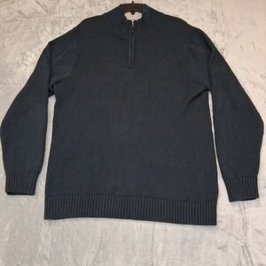 LL BEAN Mens L T Quarter Zip Navy Blue Cotton Knit Pullover Fishermans Sweater
